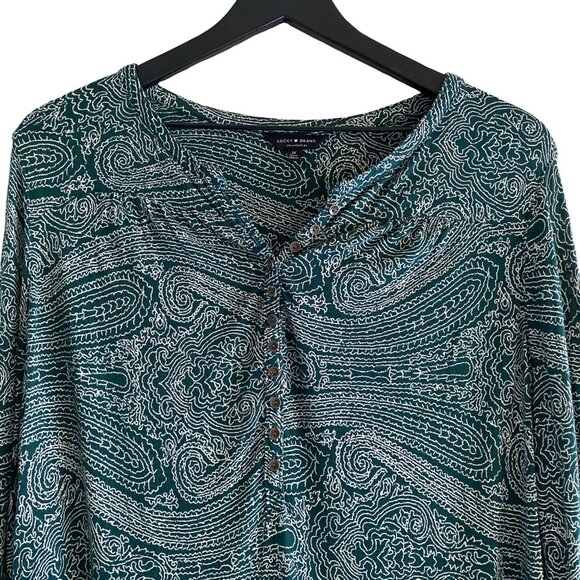 LUCKY BRAND Paisley Green White Long Sleeves Brown Button Neck/Wrist Blouse 1X - Picture 2 of 9
